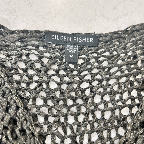 Eileen Fisher Viscose Long Sleeve Fishnet Knitted Grey Gold Shimmer Medium Top - Picture 6 of 9